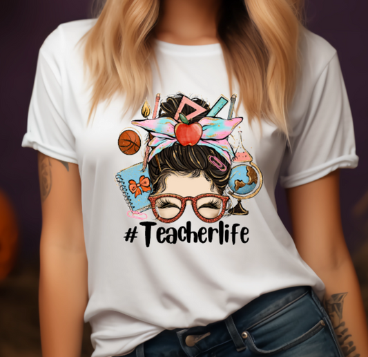 Teacher Life Messy Bun Brunette Adult Tshirt