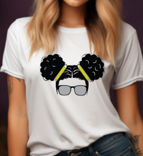 Teacher Messy Buns Curly with Glasses Adult Tshirt