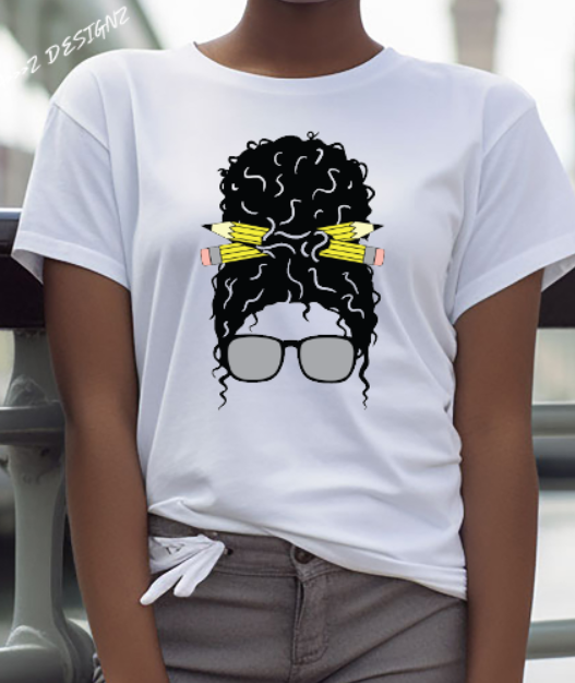 Teacher Messy Bun Curly with Glasses Adult Tshirt