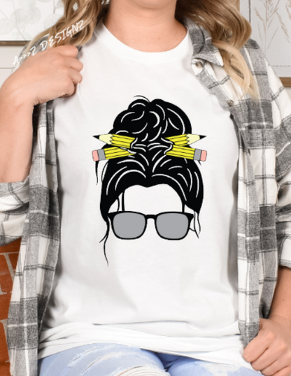 Teacher Messy Bun with Glasses Adult Tshirt