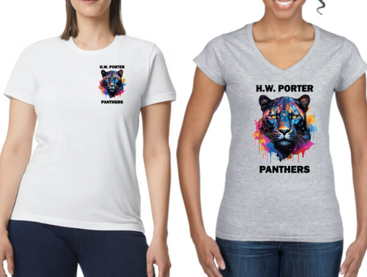 H.W Porter Panther Womens Crew and VNeck - NEW! Softstyle color drip panther