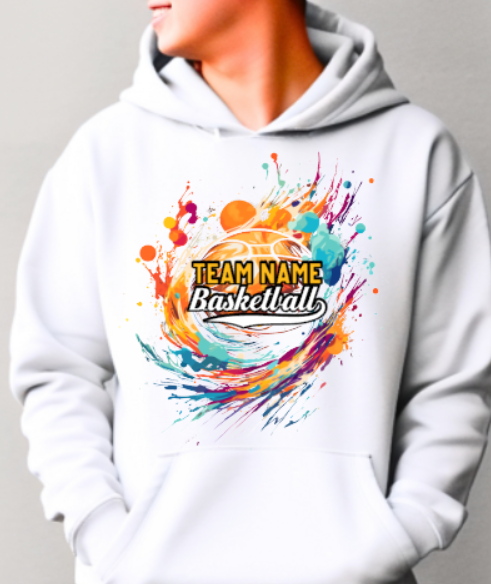 BASKETBALL team- choose team - COLOR Hooded Softstyle Sweatshirt YOUTH to ADULT sizes (multiple color/ layout choices)