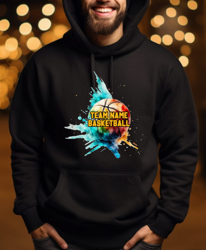 BASKETBALL team- choose team - COLOR splatter Hooded Softstyle Sweatshirt YOUTH to ADULT sizes (multiple color / layout choices)