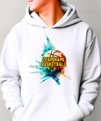 BASKETBALL team- choose team - COLOR splatter Hooded Softstyle Sweatshirt YOUTH to ADULT sizes (multiple color / layout choices)