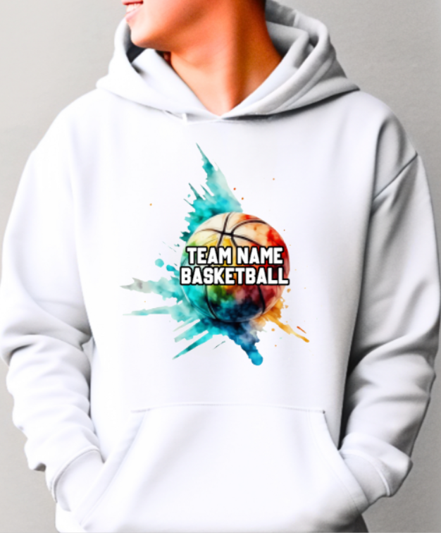 BASKETBALL team- choose team - COLOR splatter Hooded Softstyle Sweatshirt YOUTH to ADULT sizes (multiple color / layout choices)