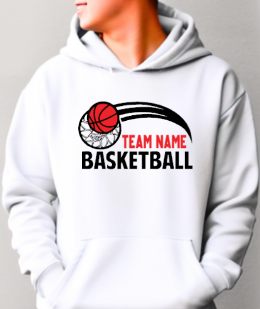 BASKETBALL team- choose team - Swoosh Hooded Softstyle Sweatshirt YOUTH to ADULT sizes (multiple color / layout choices)