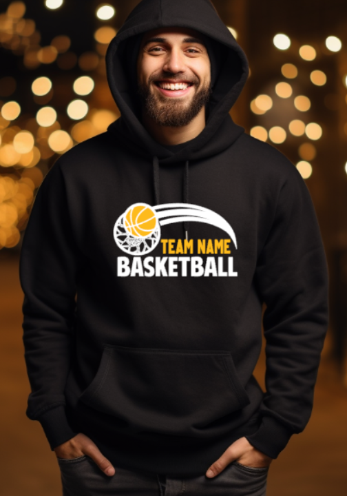 BASKETBALL team- choose team - Swoosh Hooded Softstyle Sweatshirt YOUTH to ADULT sizes (multiple color / layout choices)