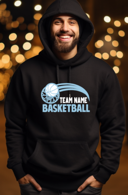 BASKETBALL team- choose team - Swoosh Hooded Softstyle Sweatshirt YOUTH to ADULT sizes (multiple color / layout choices)