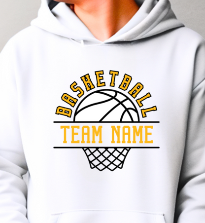 BASKETBALL team- choose team - BBALL hoop Hooded Softstyle Sweatshirt YOUTH to ADULT sizes (multiple color/ layout choices)