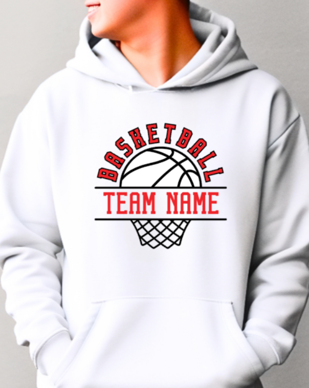 BASKETBALL team- choose team - BBALL hoop Hooded Softstyle Sweatshirt YOUTH to ADULT sizes (multiple color/ layout choices)