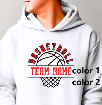 BASKETBALL team- choose team - BBALL hoop Hooded Softstyle Sweatshirt YOUTH to ADULT sizes (multiple color/ layout choices)