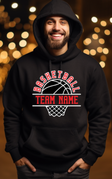 BASKETBALL team- choose team - BBALL hoop Hooded Softstyle Sweatshirt YOUTH to ADULT sizes (multiple color/ layout choices)