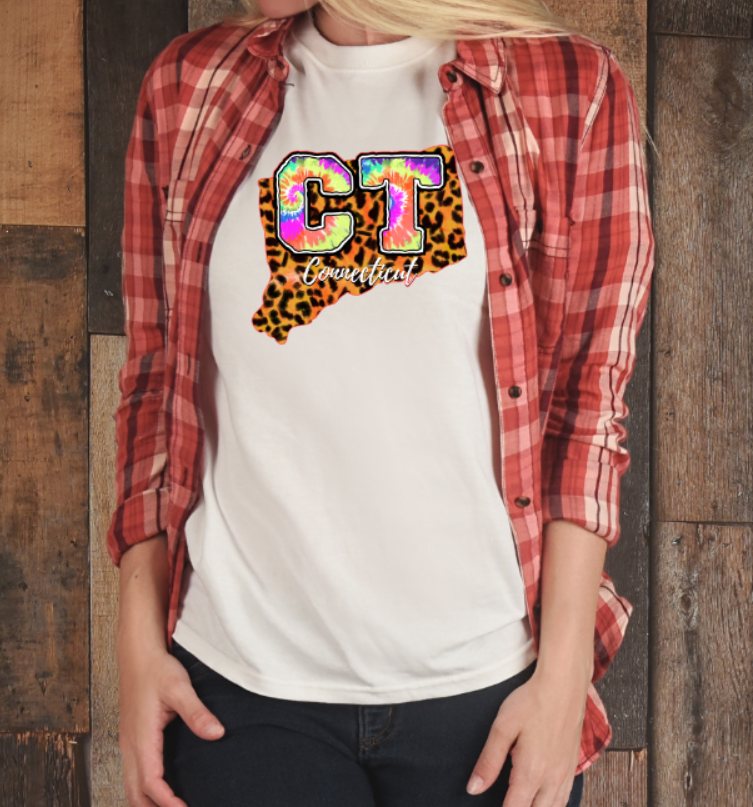 Connecticut Tye Dye Leopard Tshirt - Bella Canvas (lots of color choices)