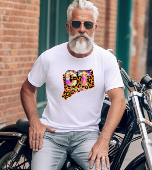 Connecticut Tye Dye Leopard Tshirt - Bella Canvas (lots of color choices)