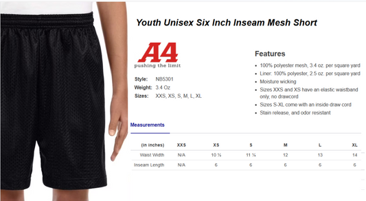 Royals Softball BLACK Mesh Shorts Youth (6") to Adult (7 to 9"inseam adut)