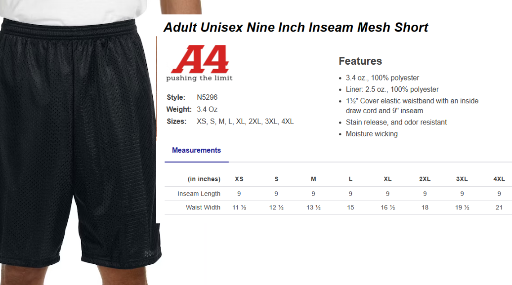 H.W. Porter Track and Field Mesh Shorts Youth (6") to Adult (7 to 9"inseam adut)