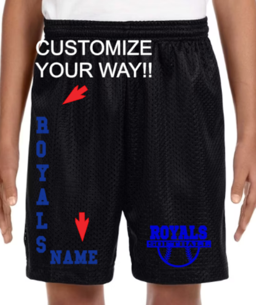 Royals Softball BLACK Mesh Shorts Youth (6") to Adult (7 to 9"inseam adut)