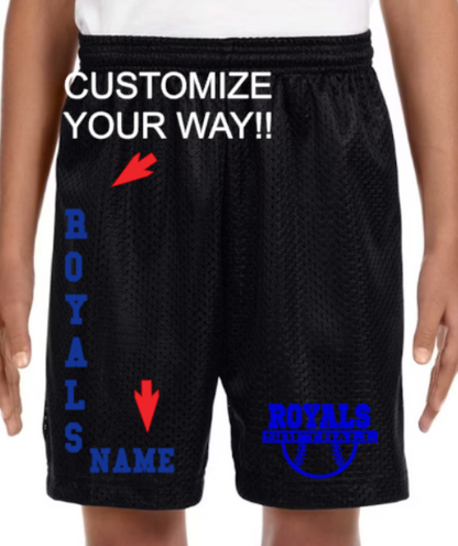 Royals Softball BLUE Mesh Shorts Youth (6") to Adult (7 to 9"inseam adut)