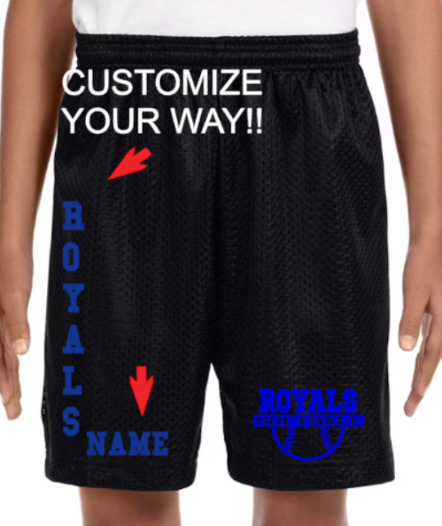 Royals Baseball BLACK Mesh Shorts Youth (6") to Adult (7 to 9"inseam adut)