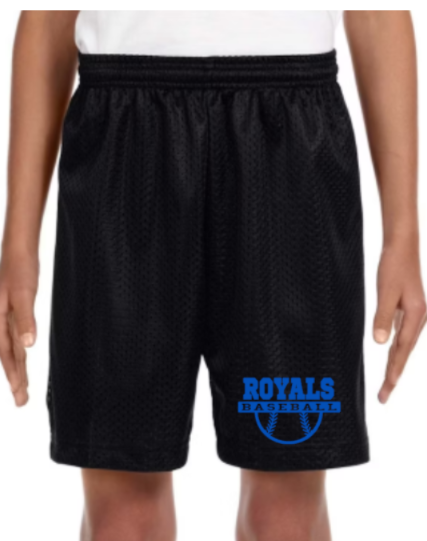 Royals Baseball BLACK Mesh Shorts Youth (6") to Adult (7 to 9"inseam adut)