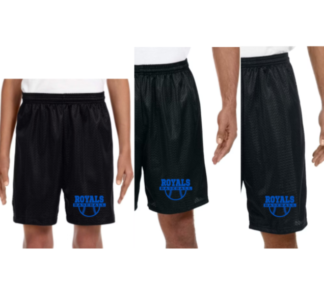 Royals Baseball BLACK Mesh Shorts Youth (6") to Adult (7 to 9"inseam adut)