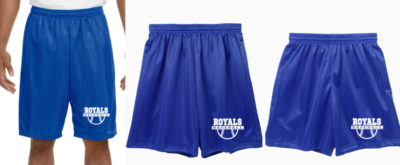 Royals Baseball BLUE Mesh Shorts Youth (6") to Adult (7 to 9"inseam adut)