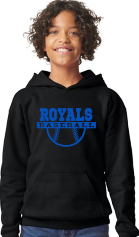 Royals Baseball Hooded BLACK YOUTH Softstyle Sweatshirt - customization available