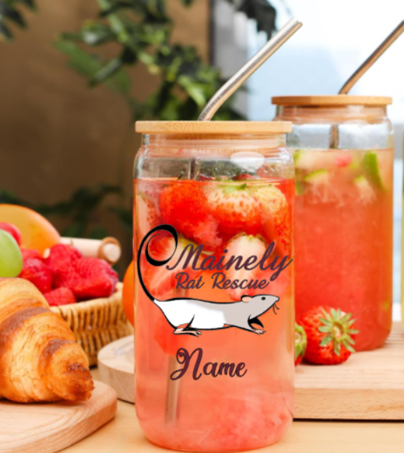 Mainely Rat Rescue Glass Cup With Bamboo Lids And Straws, 16Oz