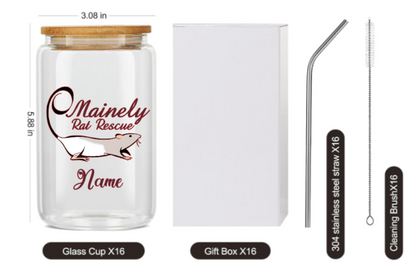 Mainely Rat Rescue Glass Cup With Bamboo Lids And Straws, 16Oz