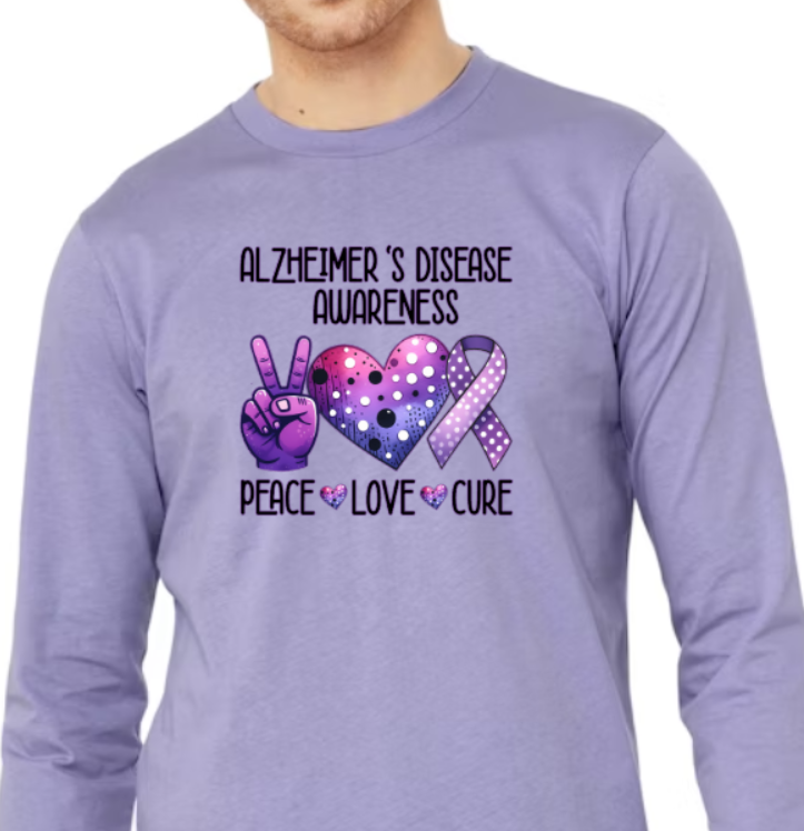 Alzheimer's Peace Love Cure Long Sleeve Tshirt BELLA+CANVAS - Customize yours today!