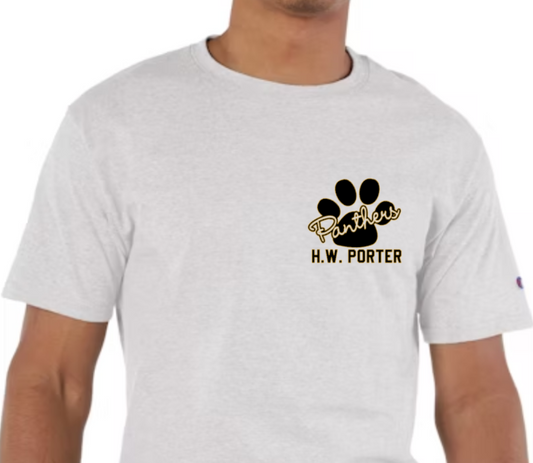 H.W. Porter Paw Cursive Logo Champion Brand Short Sleeve Adult Tshirt -- Custom Personalization!