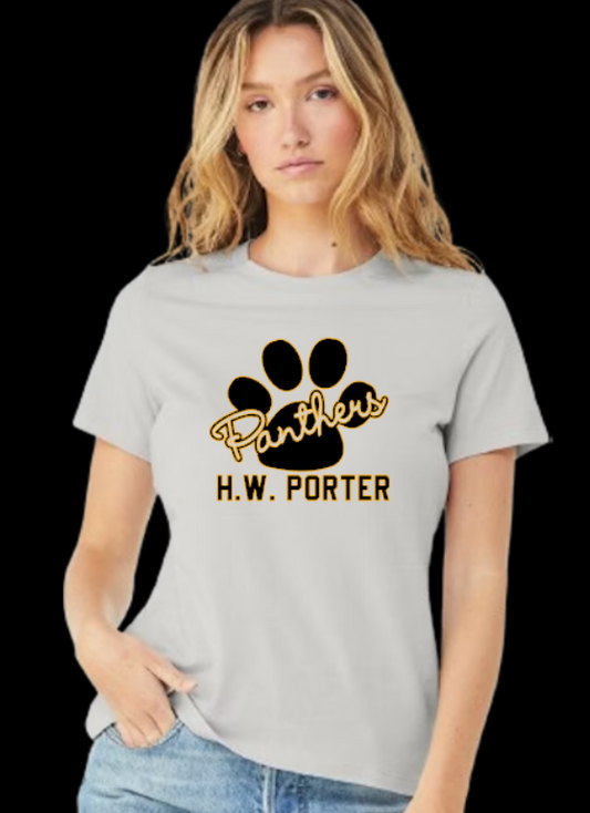 H.W. Porter Paw Cursive Logo Bella+Canvas Brand Short Sleeve Women's Cut Tshirt - color and logo customization available