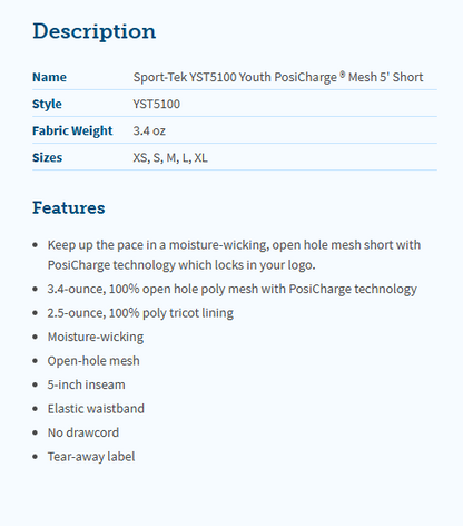CLLL Youth and Unisex Adult PosiCharge Mesh Short 5-9"