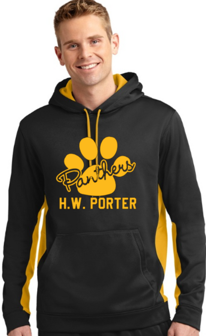 H.W. Porter CURSIVE Adult Customizable Poly Sport Tek Color Block Hoodie