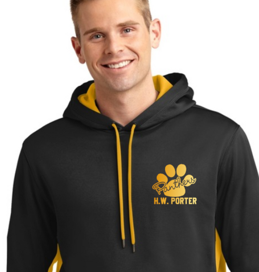 H.W. Porter CURSIVE Adult Customizable Poly Sport Tek Color Block Hoodie