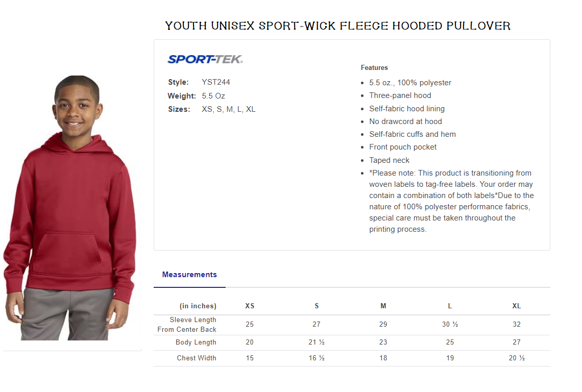 CLLL Youth Sport Tek Hooded Wick Fleece Hooded Sweatshirt RED