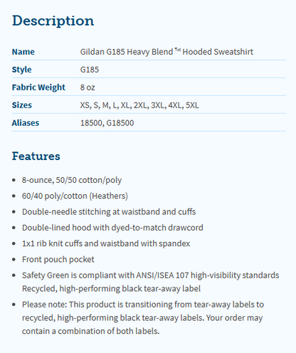 Product details of Gildan G185 Heavy Blend Hooded Sweatshirt including name, style, fabric weight, sizes, and features.