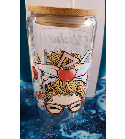 16 Oz Drinking Glasses with Bamboo Lids and Glass Straw - Teacher Life Blond