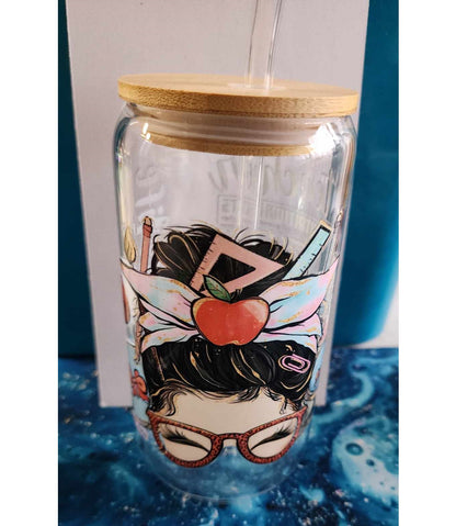 16 Oz Drinking Glasses with Bamboo Lids and Glass Straw - Teacher Life Brunette