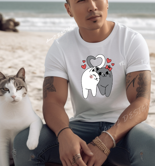 White and Gray Cat in Love Adult Tshirt