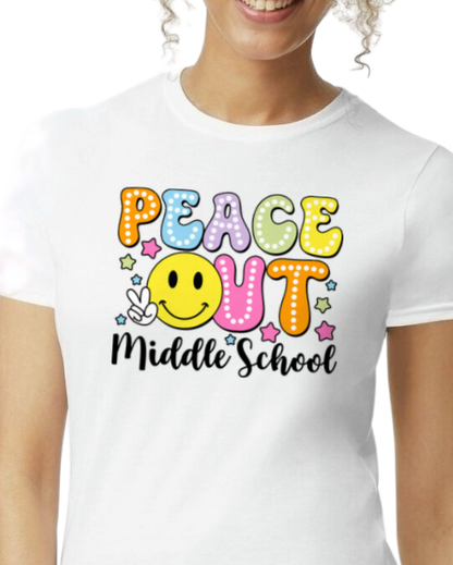 Peace Out (add school/grade)  - unisex adult, juniors, or youth sizes - Customizable