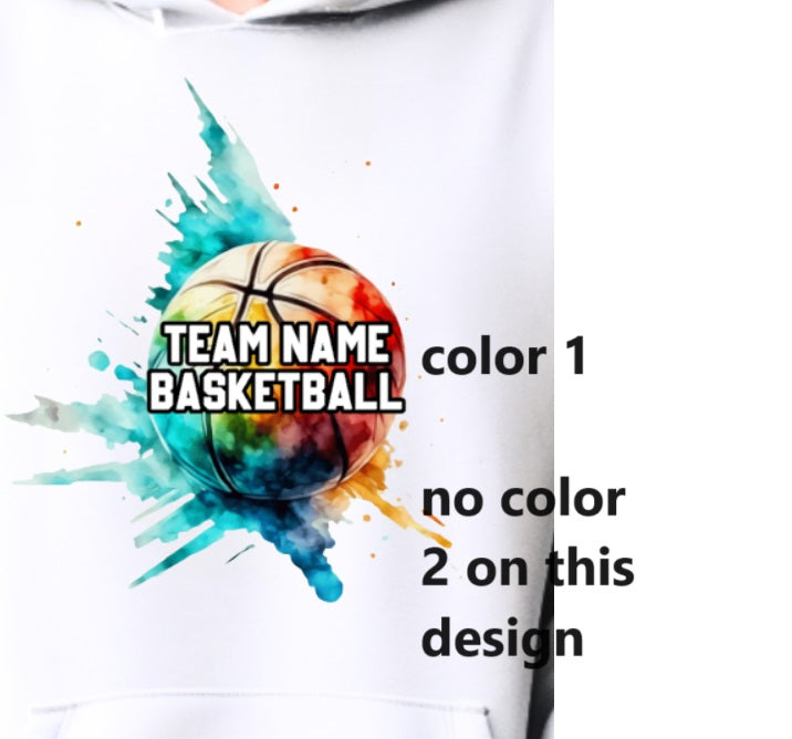 BASKETBALL team- choose team - COLOR splatter Hooded Softstyle Sweatshirt YOUTH to ADULT sizes (multiple color / layout choices)