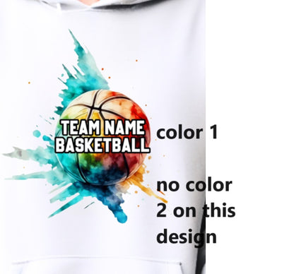 BASKETBALL team- choose team - COLOR splatter Hooded Softstyle Sweatshirt YOUTH to ADULT sizes (multiple color / layout choices)