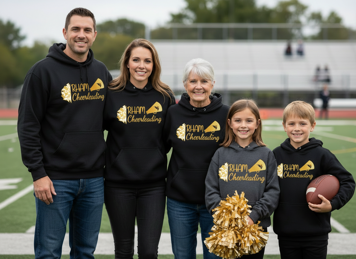 RYFC RHAM Customizable Cheerleading Adult/ Youth Gildan Heavy 50/50 Blend Hooded Sweatshirt (or upgrade to Softstyle)