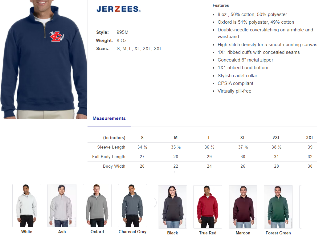 CLLL Adult Jerzees Quarter Zip Sweatshirt WHITE