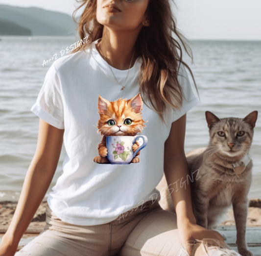 Kitten with tea cup Adult Tshirt