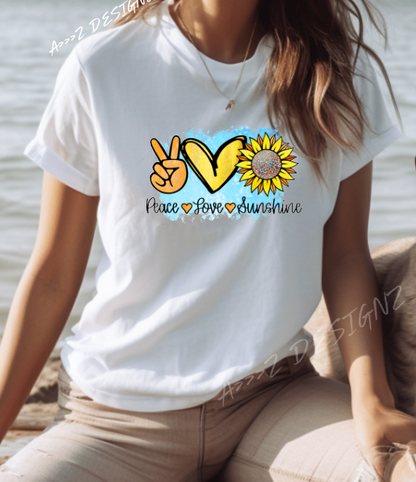 Sunflower Peace Love Sunshine Blue Adult Tshirt