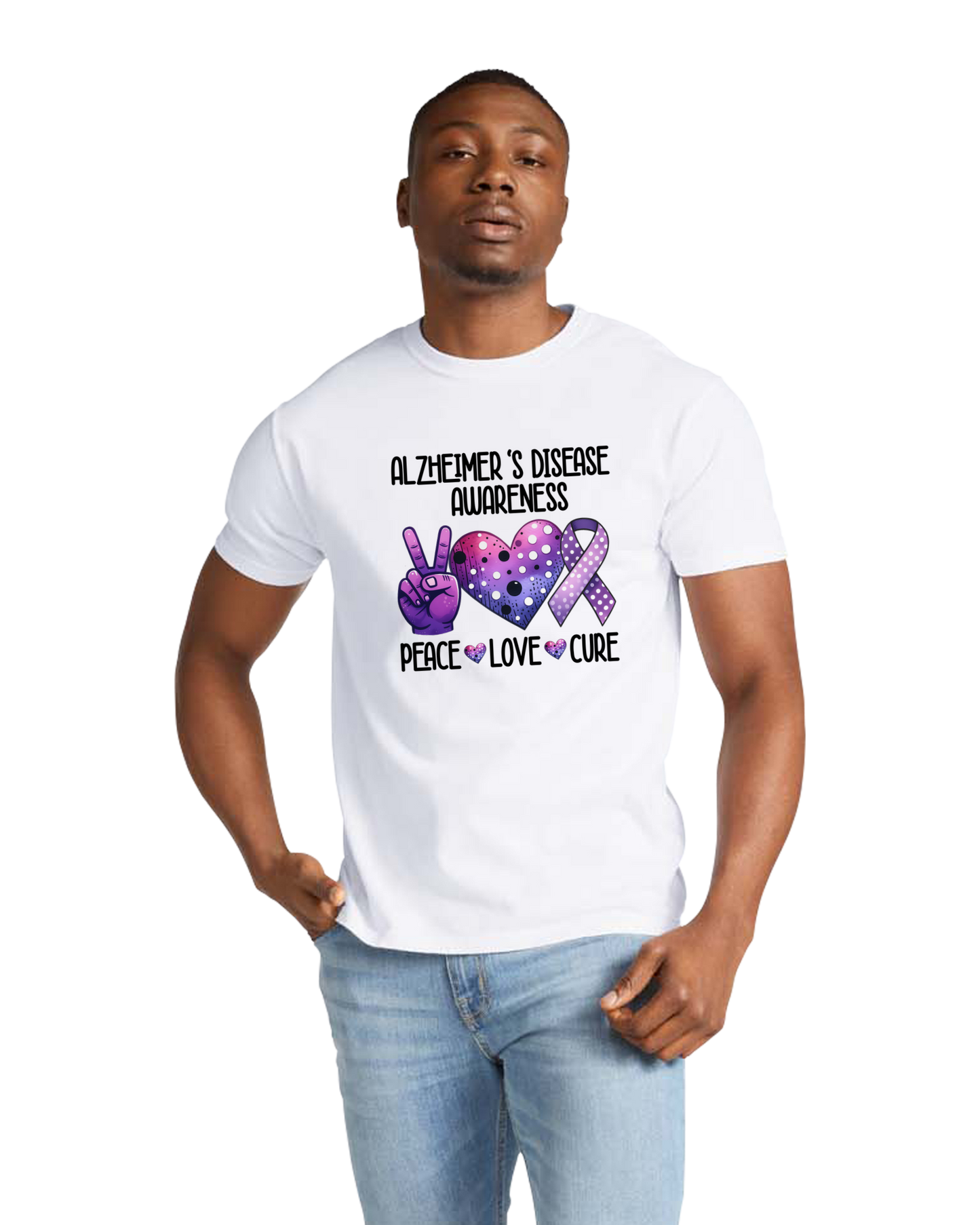 Alzheimer's Peace Love Cure TShirt Bella+Canvas - Customize yours today!