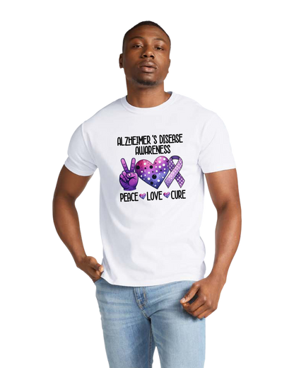 Alzheimer's Peace Love Cure TShirt Bella+Canvas - Customize yours today!