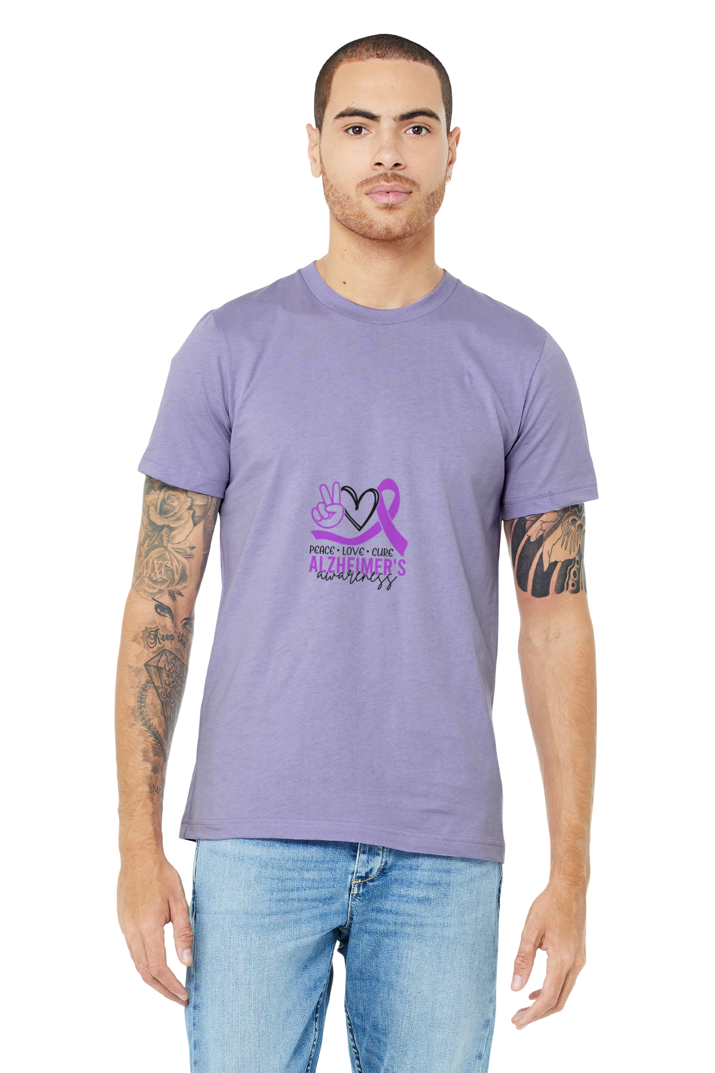 Alzheimer's PEACE LOVE CURE GRAPHIC TShirt Bella+Canvas - Customize yours today!